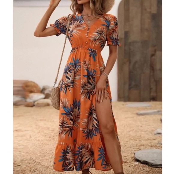 Boho Orange Tropical Print Puff Sleeve Maxi Dress - Picture 3 of 5